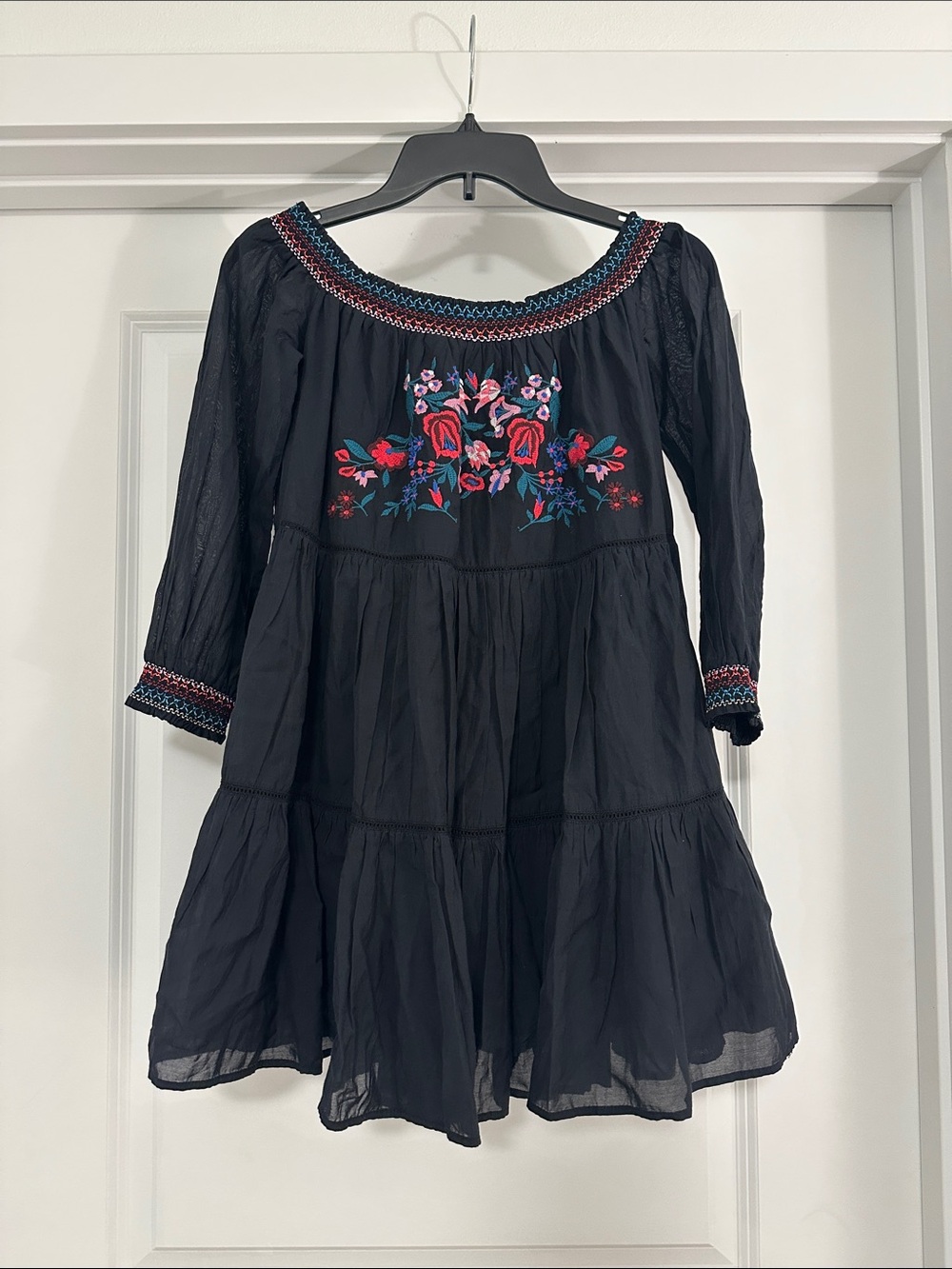 Free People Black Embroidered Boho Peasant Top